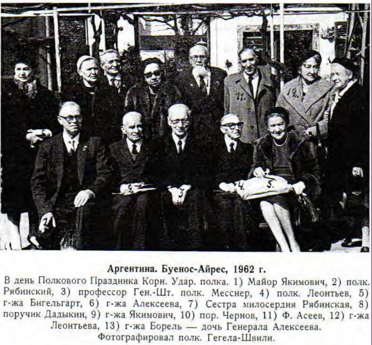 Аргентина, Буенос-Айрес, 1962 г. В день Полкового Праздника Корн. Удар, полка. 1) Майор Якимович, 2) полк. Рябинскин, 3) профессор Ген.-Шт. полк. Месснер, 4) полк. Леонтьев, 5) г-жа Бигельгарт, 6) г-жа Алексеева, 7) Сестра милосердия Рябинская, 3) поручик Дадыкин, 9) г-жа Якимович, 10 пор. Чернов, 11) Ф. Асеев, 12) г-жа Леонтьева, 13) г-жа Борель — дочь Генерала Алексеева. Фотографировал полк. Гегела-Шаили. Аргентина, Буенос-Айрес, 1962 г. В день Полкового Праздника Корн. Удар, полка. 1) Майор Якимович, 2) полк. Рябинскин, 3) профессор Ген.-Шт. полк. Месснер, 4) полк. Леонтьев, 5) г-жа Бигельгарт, 6) г-жа Алексеева, 7) Сестра милосердия Рябинская, 3) поручик Дадыкин, 9) г-жа Якимович, 10 пор. Чернов, 11) Ф. Асеев, 12) г-жа Леонтьева, 13) г-жа Борель — дочь Генерала Алексеева. Фотографировал полк. Гегела-Шаили.